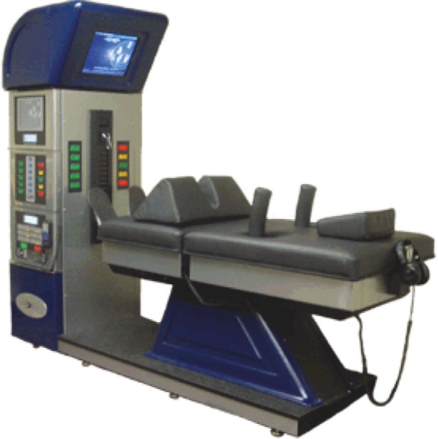 Photograph of the DRX9000 spinal decompression table with its control column